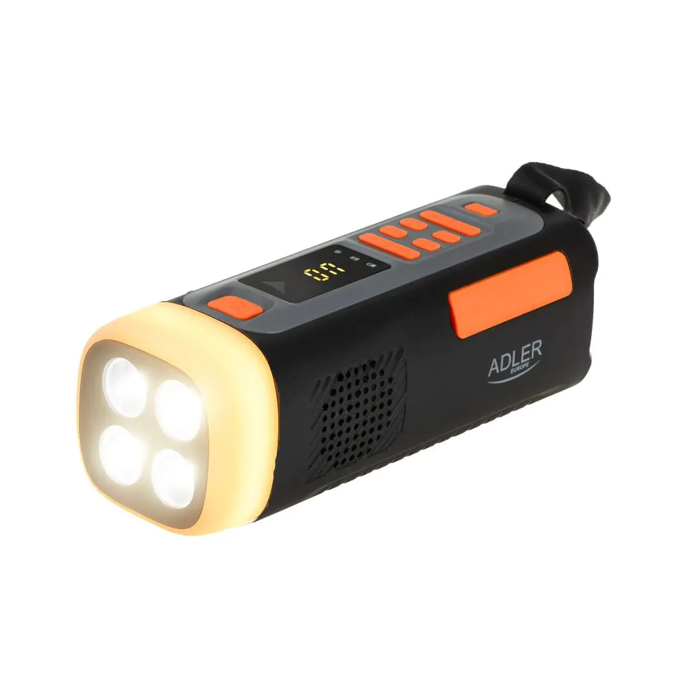Аварийно радио Adler AD 1920, Соларен панел/Ръчно динамо/USB-C, 4500 mAh, Bluetooth, LED дисплей, Черен/Оранжев, (35946067)