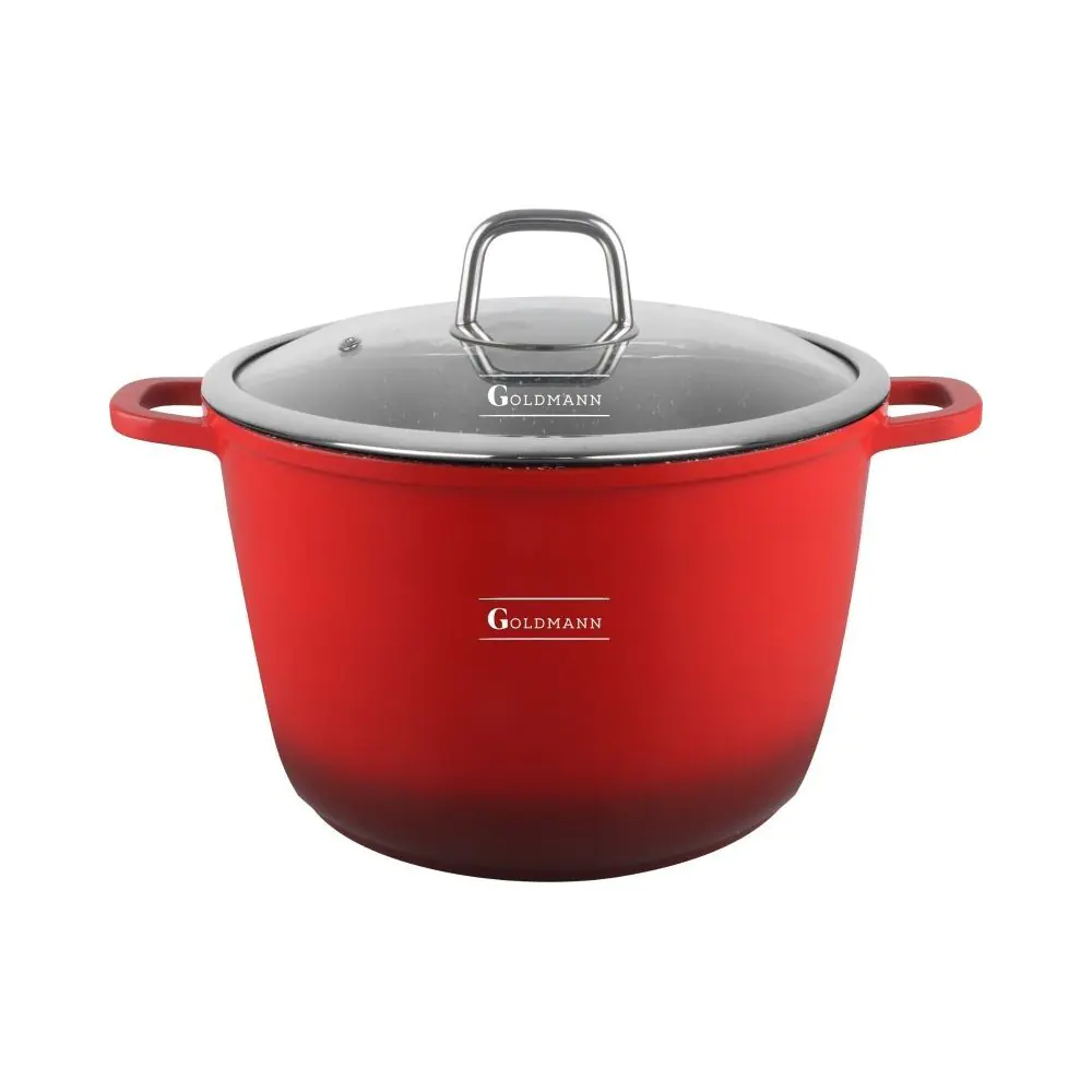 Дълбока тенджера Goldmann GM-0624R, 24 см, 6.2 л,Мраморно покритие, Стъклен капак с отвор за пара, Индукция, Червен, (35944741)