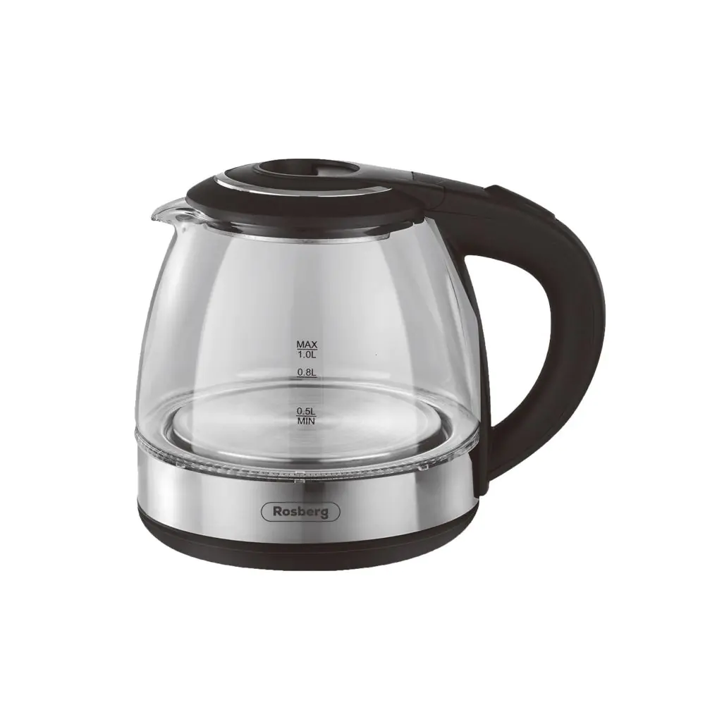 Електрическа кана Rosberg R51230Q, 1500W, 1 L, Стъклена, LED светлини, Инокс/черен, (17009)