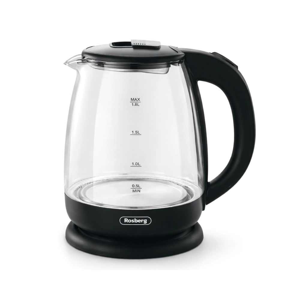 Електрическа кана за вода Rosberg R51230AE, 1500W, 1.8 л, Вграден нагревател, Стъкло, Индикатор, Черен, (35948594)