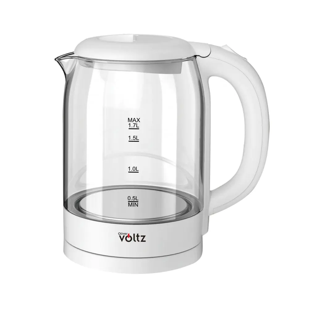 Електрическа стъклена кана Oliver Voltz OV51230X, 2200W, 1.7 л, Скрит нагревател, Светлинен индикатор, 360C основа, Бял, (35932132)