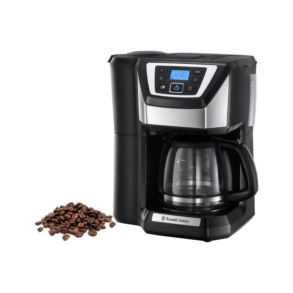 Кафемашина с вградена мелачка Russell Hobbs Victory Grind & Brew 22000-56, 1025W, 1.5 л, 250 гр, 12 чаши, Таймер, Вграден филтър, Черен/инокс, (35944728)