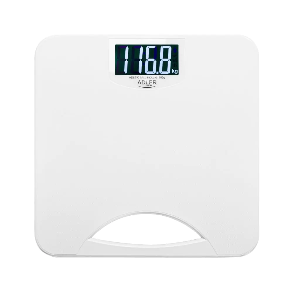 Кантар Adler AD 8193, До 250 кг, LCD, Индикатори за батерия и претоварване, Неплъзгащ се, Бял, (35946512)