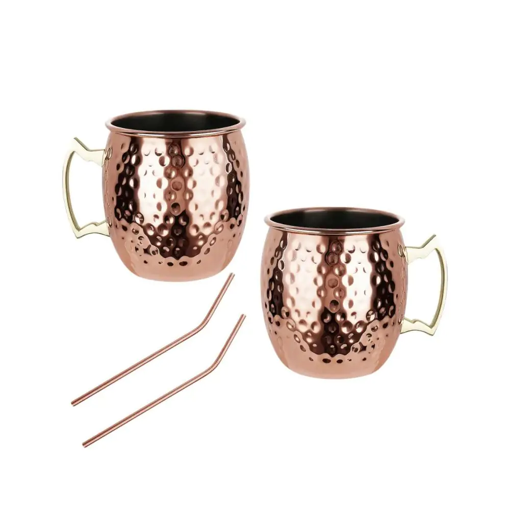 Комплект чаши за Moscow Mule Kinghoff KH 2000, 2 бр, 500мл, 2 сламки, Неръждаема стомана, Меден цвят, (35946009)