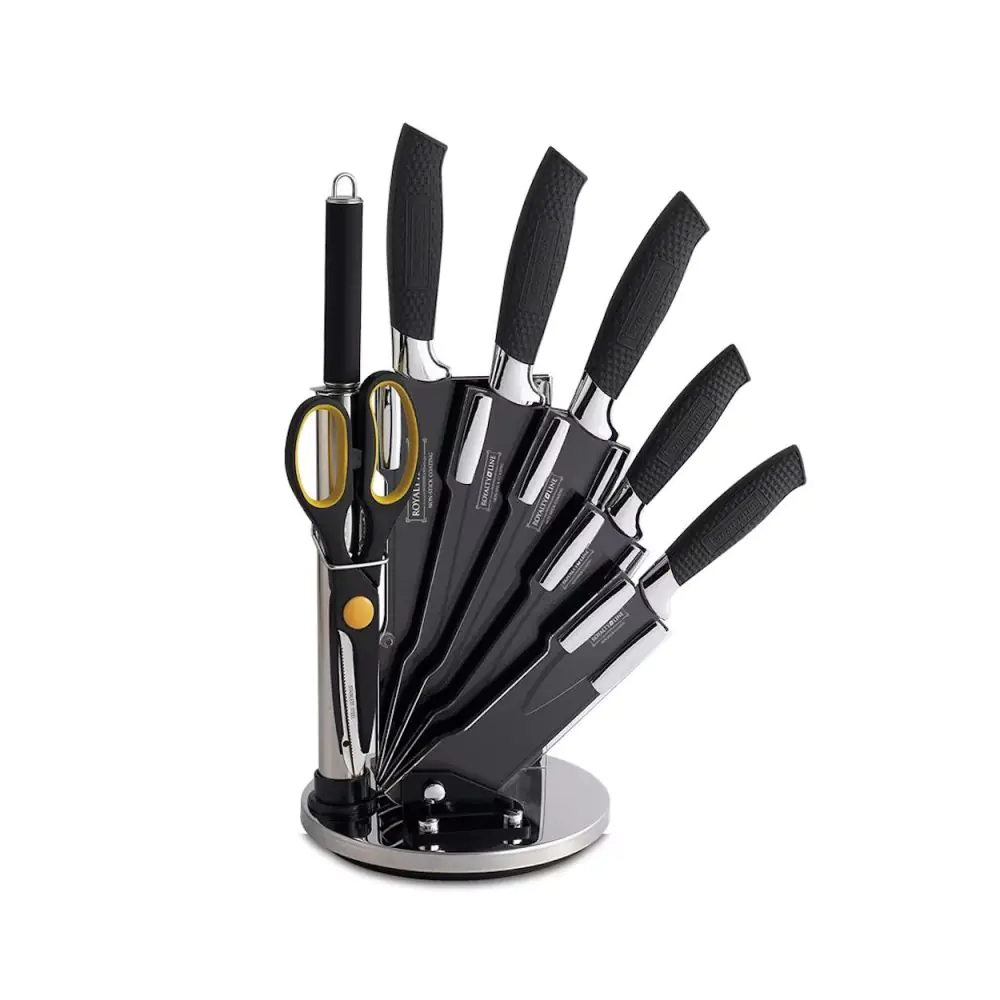 Комплект стоманени ножове Royalty Line RL-BLK8W, 8 ч, Стойка, Незалепващо покритие, Черен, (35930945)