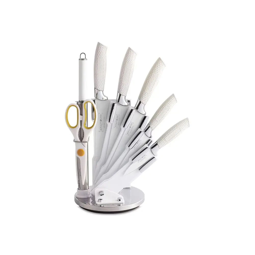 Комплект стоманени ножове Royalty Line RL-WHT8W, 8 ч, Стойка, Незалепващо покритие, Бял, (20313)