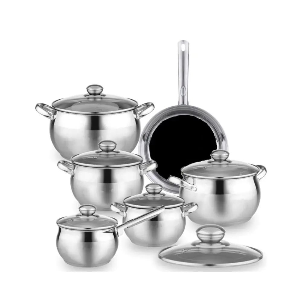 Комплект тенджери и тиган Royalty Line RL-1231B, 12 части, Неръждаема стомана, Многослойно дъно, Индукция, Инокс, (22370)