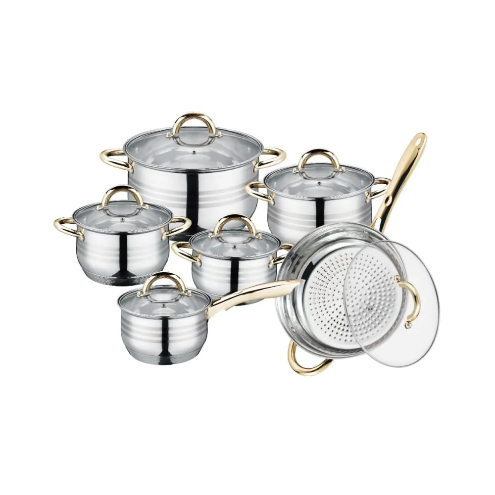 Комплект тенджери и тиган Royalty Line RL-1231G, 12 части, Многослойно дъно, Индукция, Инокс/златист, (21230)