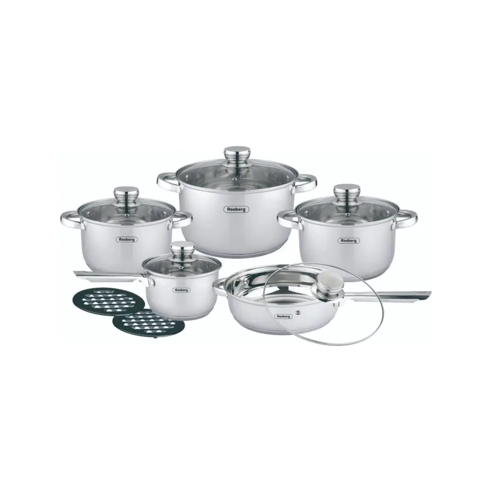 Комплект тенджери и тигани Rosberg R51210L12BM, 12 части, Многослойно дъно, Неръждаема стомана, Сребрист, (35940361)