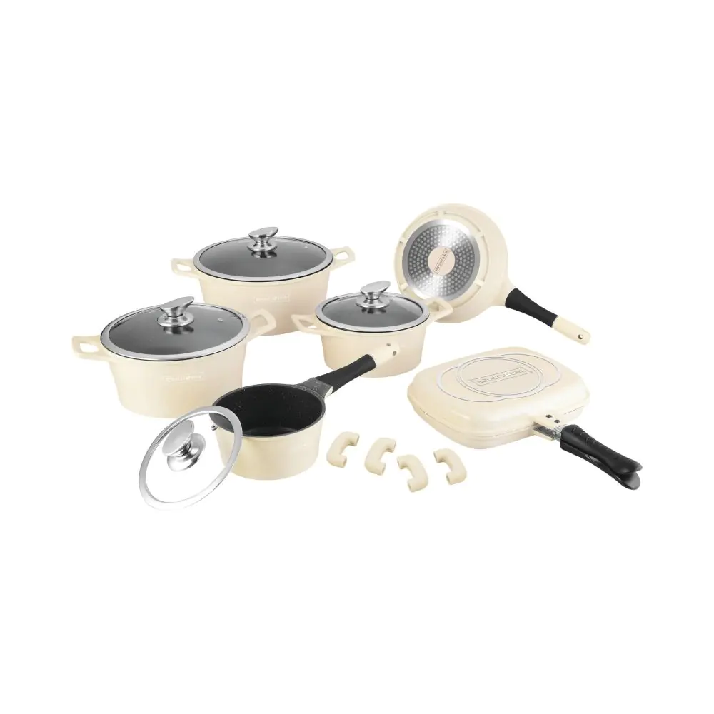 Комплект тенджери и тигани Royalty Line RL-ES1015M Cream, Отливка, 15 части, Индукция, Мраморно покритие, Крем, (12383)