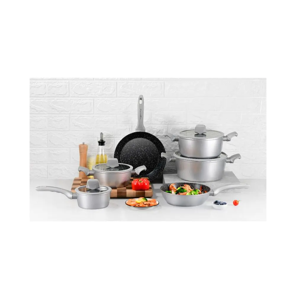 Комплект тенджери и тигани Royalty Line T010-Silver, 10 части, Мраморно покритие, Индукция, Сребрист, (17854)