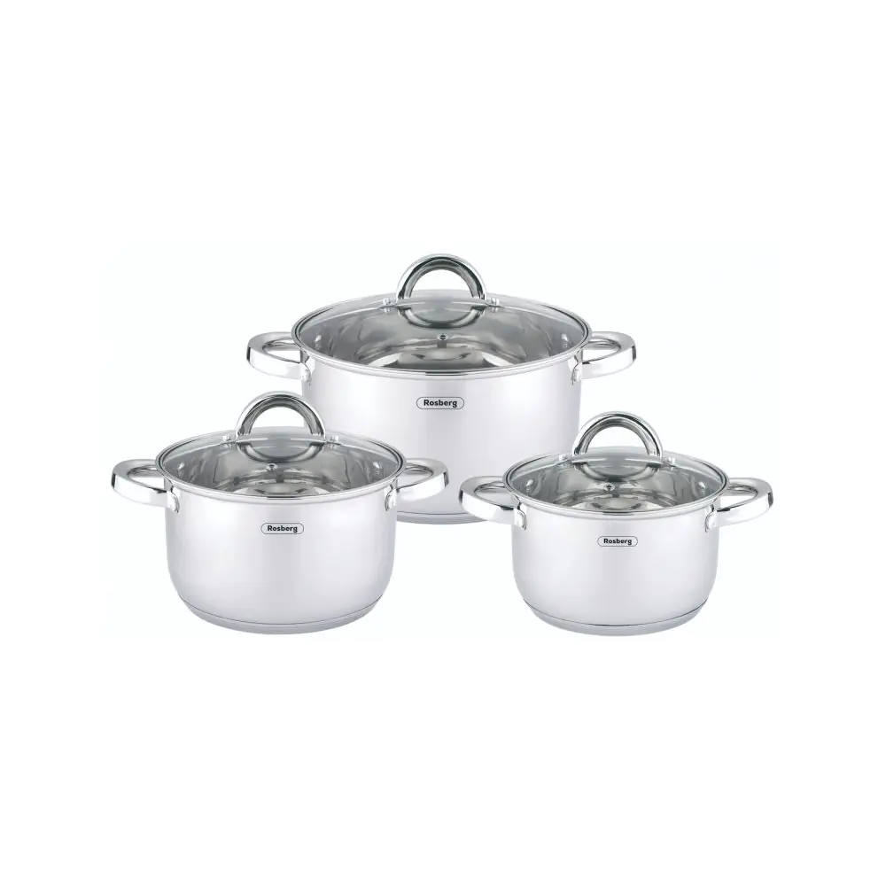 Комплект тенджери Rosberg R51210L6C, 6 ч, Мерителна скала, Стъклени капаци, Неръждаема стомана, Индукция, Сребрист, (35950084)