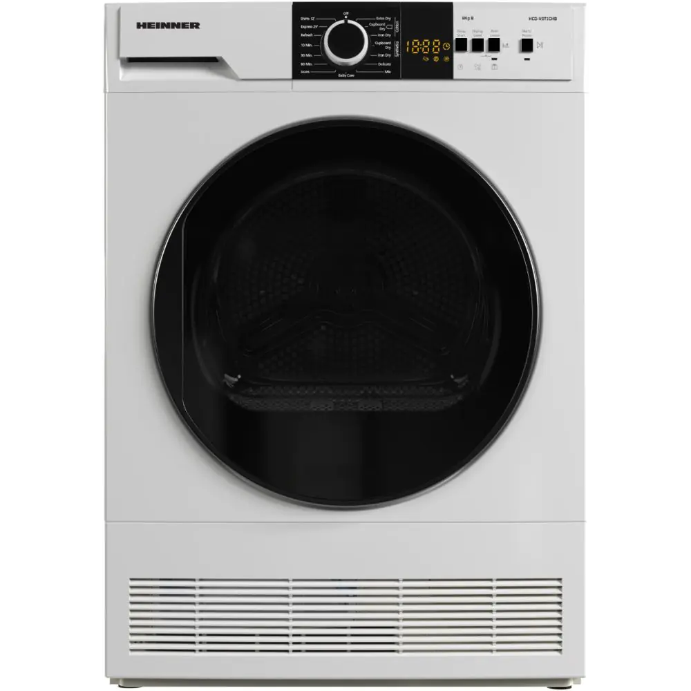 Сушилня Heinner HCD-V8T1CHB, Кондензация, 8 кг, 15 програми, Клас B, LED дисплей, Светлина в барабана, Индикатор за почистване на филтъра за мъх, Заключване за деца, Бял , (17868)