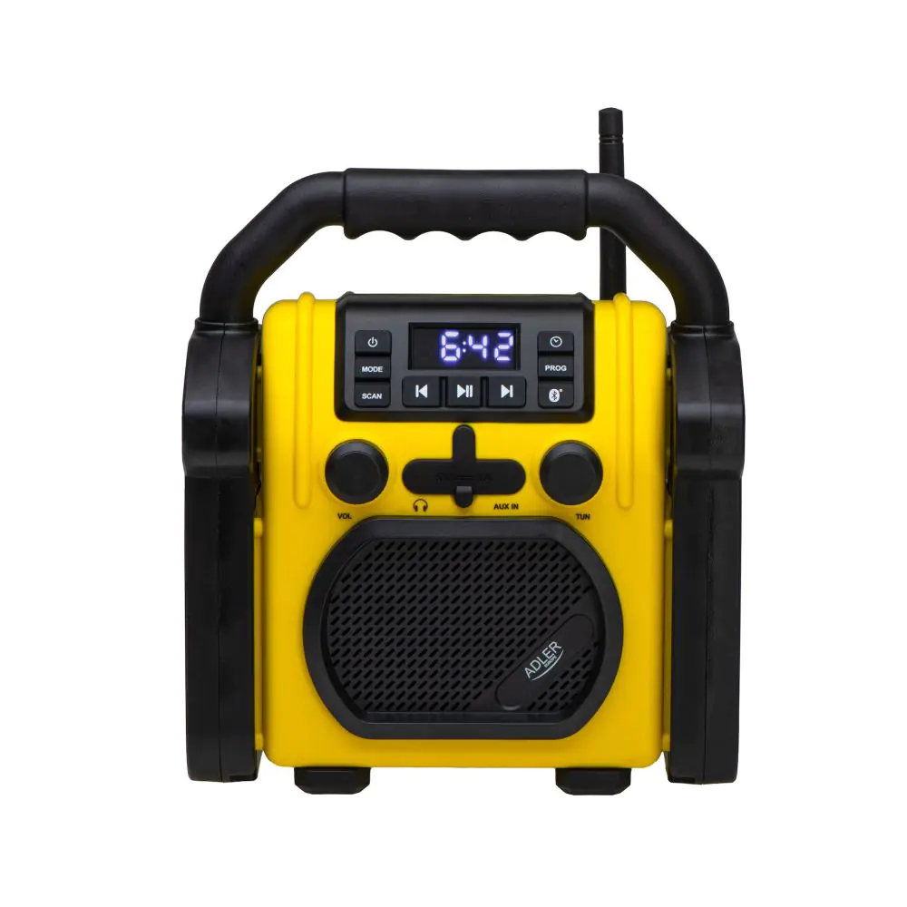 Строително радио Adler AD 1911, 10W, 87.5-108 MHz, Bluetooth, AUX вход, Прахоустойчиво, Водоустойчиво,, 6x R14, Жълт, (35922819)