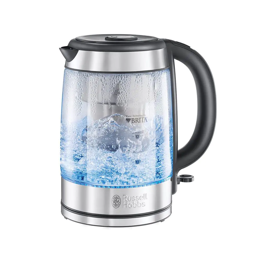 Стъклена електрическа кана с филтър Russell Hobbs Clarity 20760-57, 2200W, 1L, Осветена, Скрит нагревател, SCHOTT DURAN, Филтър BRITA, Инокс, (35922505)
