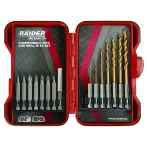 Накрайници и свредла 1/4" 15 бр. К-т RAIDER, (35925634)