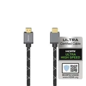 Кабел HAMA Ultra HD, HDMI мъжко - HDMI мъжко, 8K, 48GB/s,метал, 3 м, Позл. конектори, Ethernet, Черен, (35934448)