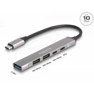 Delock Хъб USB-C, 4 порта, 1 x USB-A 10 Gbps, 2 x USB-A, 1 x USB-C, USB-C PD 95 W, (35939520)