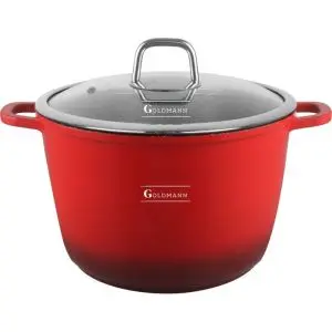 Дълбока тенджера Goldmann GM-0624R, 24 см, 6.2 л,Мраморно покритие, Стъклен капак с отвор за пара, Индукция, Червен, (35944741)