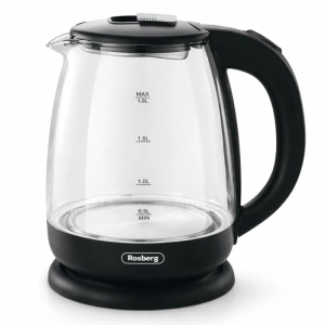 Електрическа кана за вода Rosberg R51230AE, 1500W, 1.8 л, Вграден нагревател, Стъкло, Индикатор, Черен, (35948594)