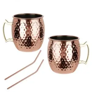 Комплект чаши за Moscow Mule Kinghoff KH 2000, 2 бр, 500мл, 2 сламки, Неръждаема стомана, Меден цвят, (35946009)