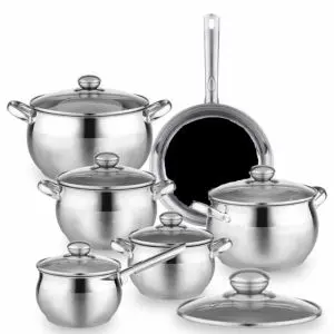 Комплект тенджери и тиган Royalty Line RL-1231B, 12 части, Неръждаема стомана, Многослойно дъно, Индукция, Инокс, (22370)
