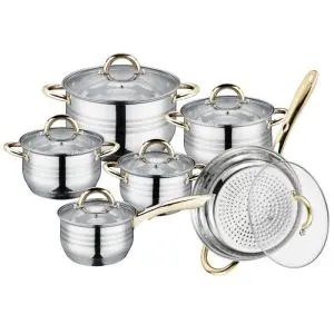 Комплект тенджери и тиган Royalty Line RL-1231G, 12 части, Многослойно дъно, Индукция, Инокс/златист, (21230)