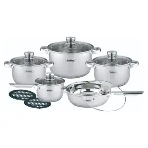 Комплект тенджери и тигани Rosberg R51210L12BM, 12 части, Многослойно дъно, Неръждаема стомана, Сребрист, (35940361)