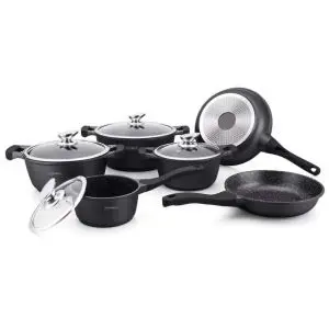 Комплект тенджери и тигани Royalty Line RL-BS1010M, Отливка, 10 части, Индукция, Мраморно покритие, Черен, (12373)