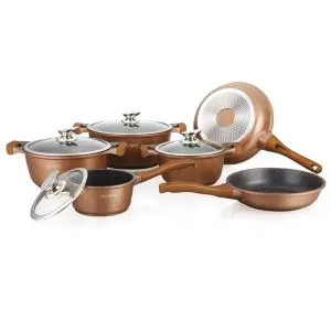 Комплект тенджери и тигани Royalty Line RL-BS1010M, Отливка, 10 части, Индукция, Мраморно покритие, Меден цвят, (11179)