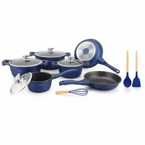 Комплект тенджери и тигани Royalty Line RL-BS1010M, Отливка, 10 части, Индукция, Мраморно покритие, Син, (35922840)