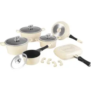 Комплект тенджери и тигани Royalty Line RL-ES1015M Cream, Отливка, 15 части, Индукция, Мраморно покритие, Крем, (12383)