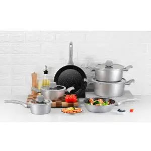 Комплект тенджери и тигани Royalty Line T010-Silver, 10 части, Мраморно покритие, Индукция, Сребрист, (17854)