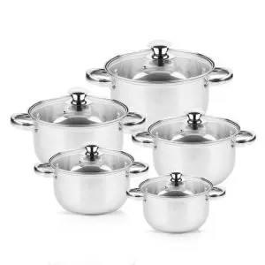 Комплект тенджери Rosberg R51210O10, 10 части, 2.1-6.3 l, Неръждаема стомана, Сребрист, (18044)
