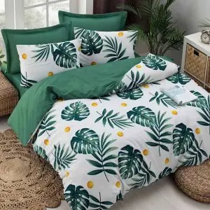 Спален комплект EnLora Home 162ELR9362, 65% памук - 35% полиестер, 4 части, Плик 200х220 см, Чаршаф 220х240 см, 2 Калъфки, Зелен/бял, (162ELR9362)
