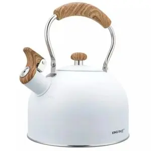 Свирещ чайник Kinghoff KH 1860, 2.5л, Индукция, Дървена дръжка, Бял, (35922746)