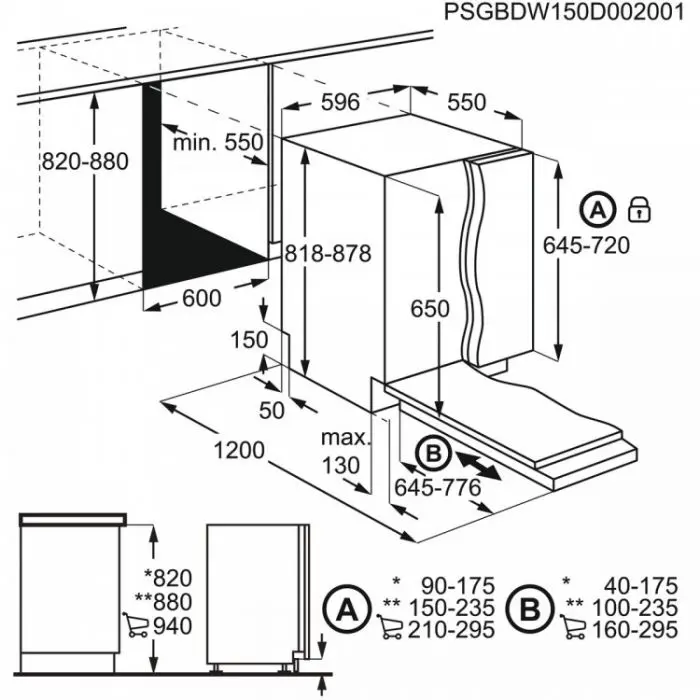 Съдомиялна за вграждане AEG FSB53927Z, 14 компплекта, Air Dry, Auto Sense, Бял, (21776): Монтажни размери на съдомиялната