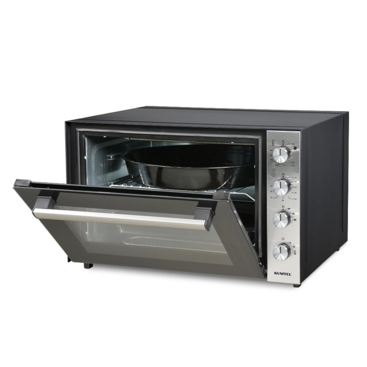 Мини електрическа фурна Kumtel LX-9625, 70 литра, турбо вентилатор, черен/инокс, (20468): Фурна с отворена врата