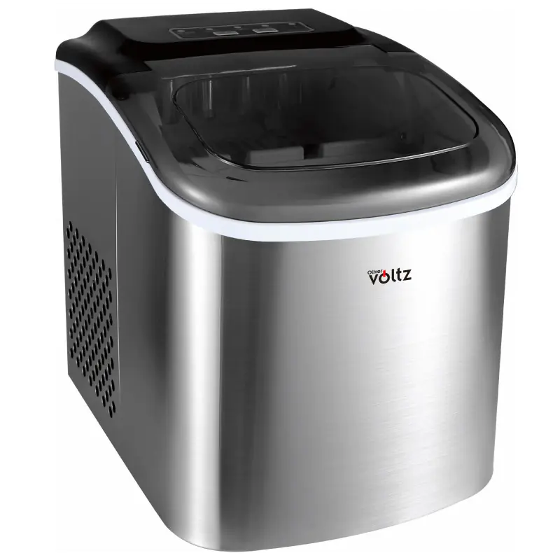 Ледогенератор Oliver Voltz OV51447CS, 120W, 12кг/24 часа, 1.3 л, 9 кубчета за цикъл работа, Индикатор за лед и вода, Инокс, (35930999): Ледогенератор отпред под ъгъл