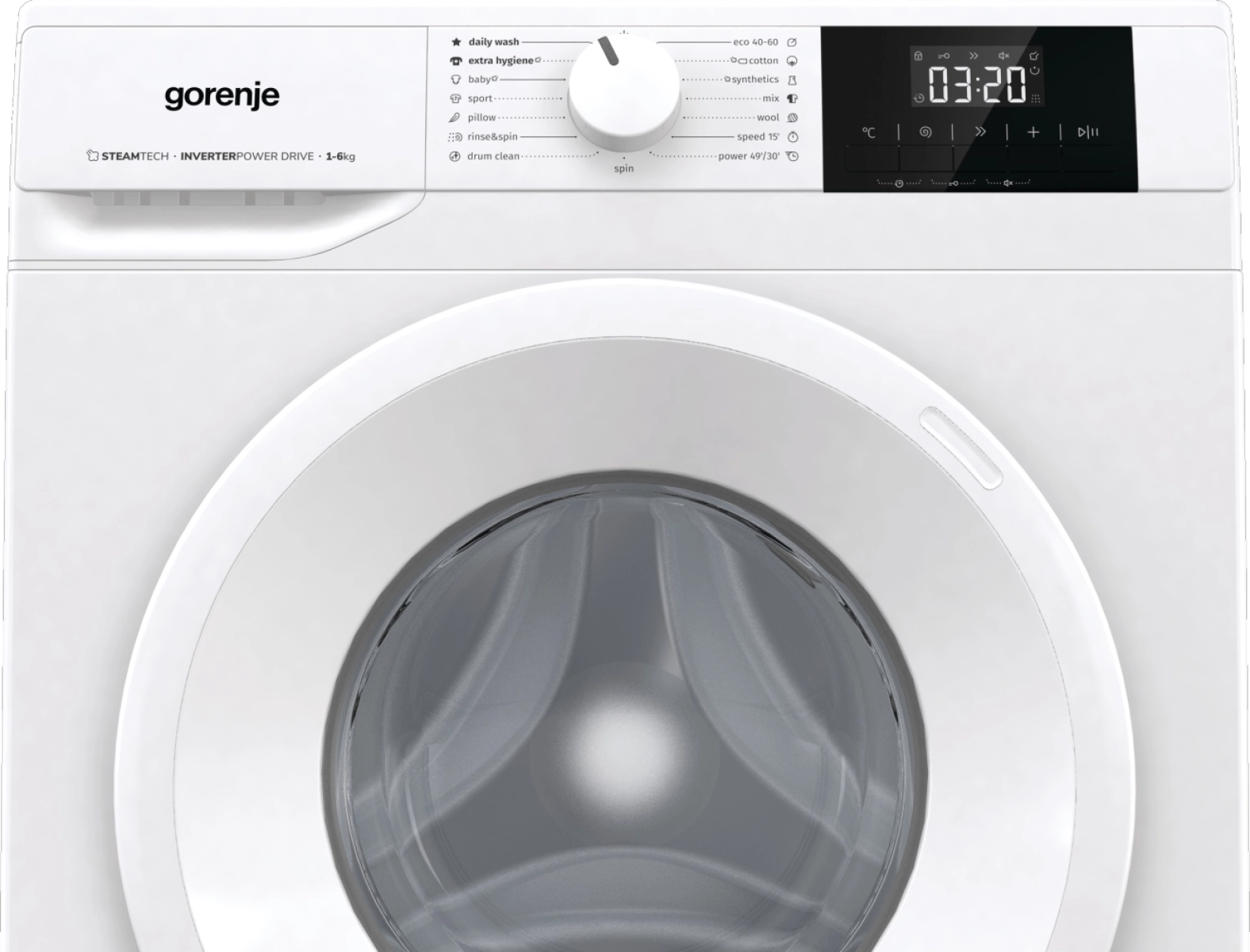 Пералня GORENJE WNGPI61SBS, 6 кг, 1000 обр./мин., Инверторен мотор, Бял, (35922783): Предна част на пералнята