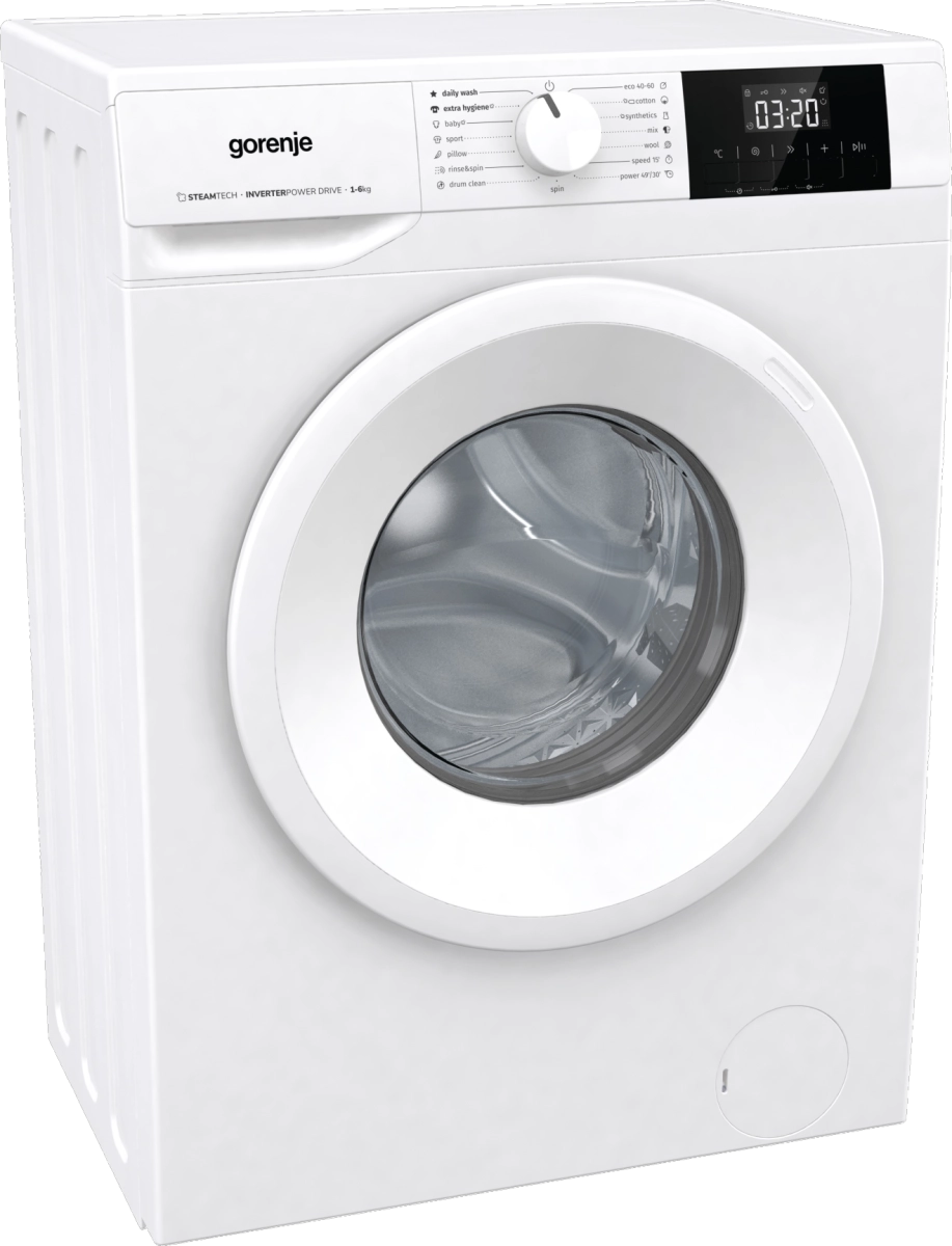 Пералня GORENJE WNGPI61SBS, 6 кг, 1000 обр./мин., Инверторен мотор, Бял, (35922783): Пералня отпред под ъгъл