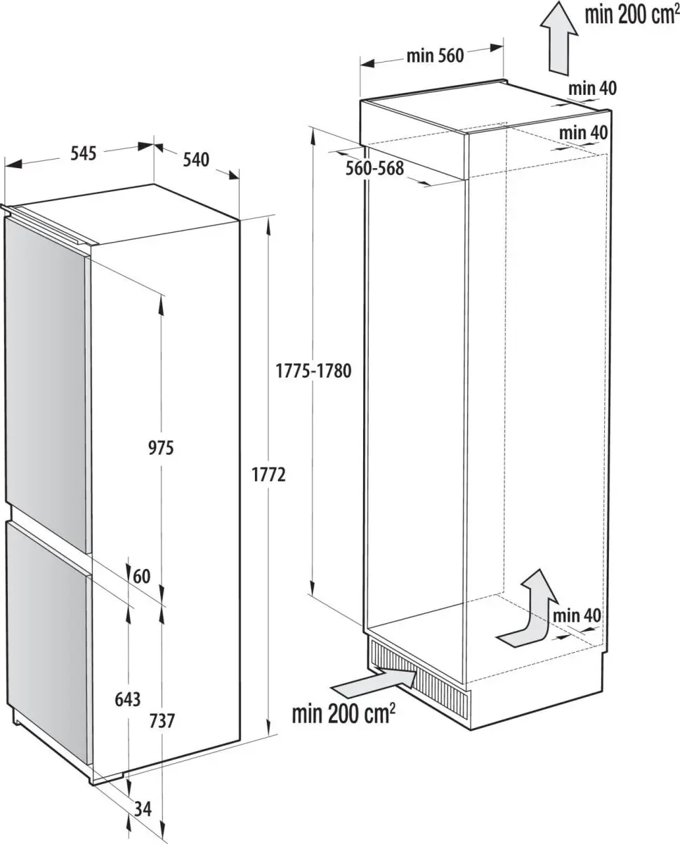 Хладилник с фризер Gorenje NRKI517E41, (35932123): Размери за вграждане