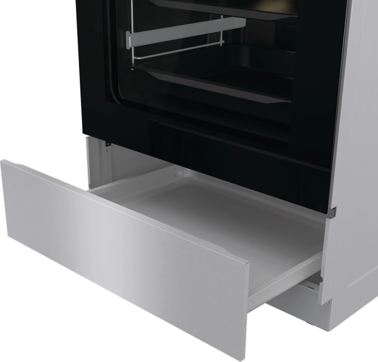 Комбинирана стъклокерамична готварска печка GORENJE GKC6C60XT, 71 л., инокс, (17297): Отворено долно чекмедже