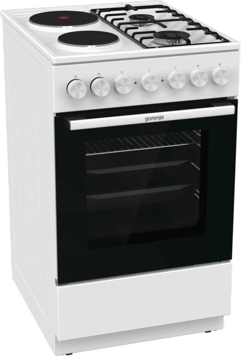 Комбинирана готварска печка Gorenje GK5B42WF, 70L, Aqua Clean, Бял, (35930987): Печка отпред под ъгъл