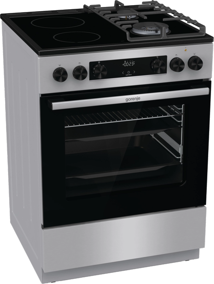 Комбинирана стъклокерамична готварска печка GORENJE GKC6C60XT, 71 л., инокс, (17297): Печка отпред под ъгъл