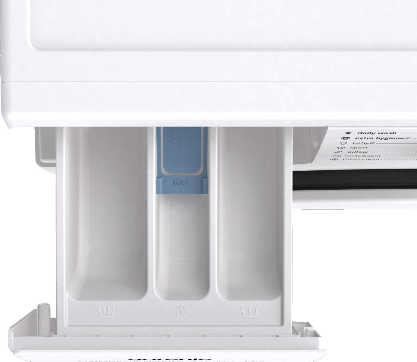 Пералня GORENJE WNGPI61SBS, 6 кг, 1000 обр./мин., Инверторен мотор, Бял, (35922783): Отворено чекмедже за препарат