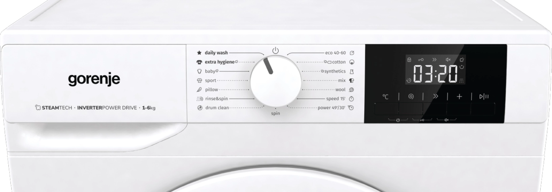 Пералня GORENJE WNGPI61SBS, 6 кг, 1000 обр./мин., Инверторен мотор, Бял, (35922783): Панел за управление