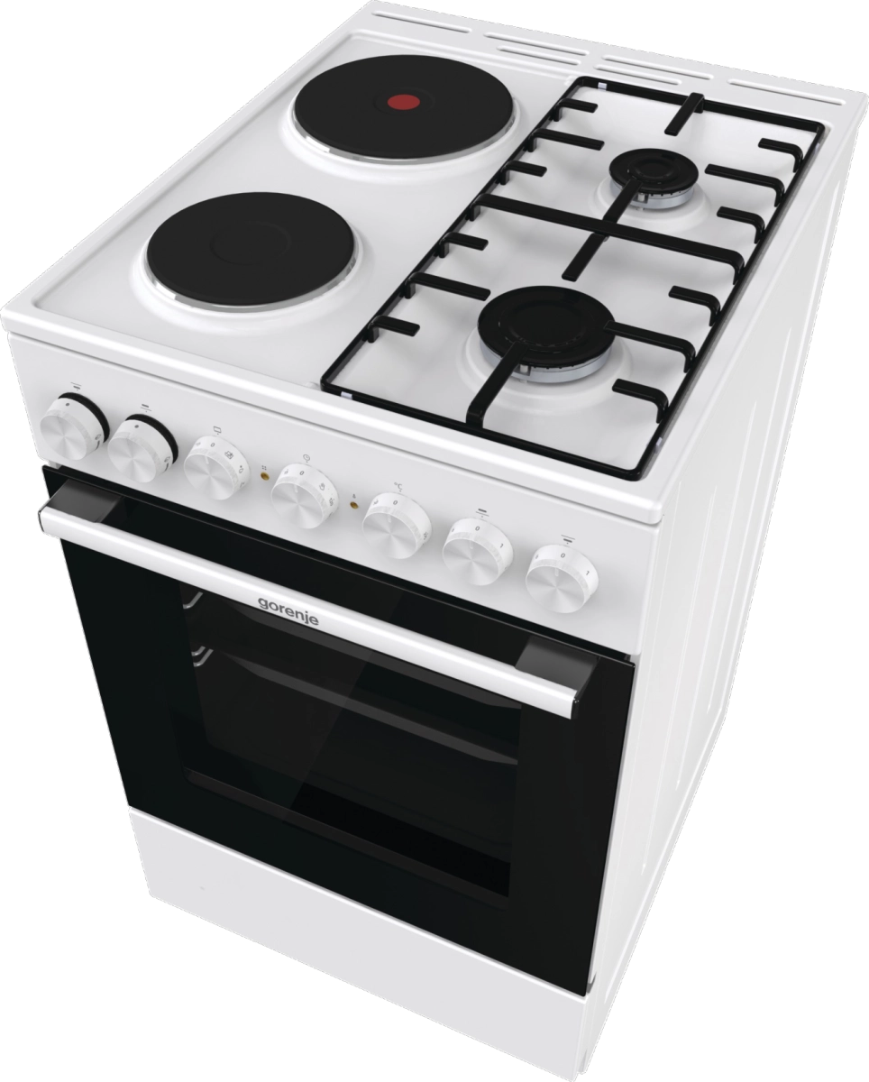Комбинирана готварска печка Gorenje GK5B42WF, 70L, Aqua Clean, Бял, (35930987): Печка отпред под ъгъл