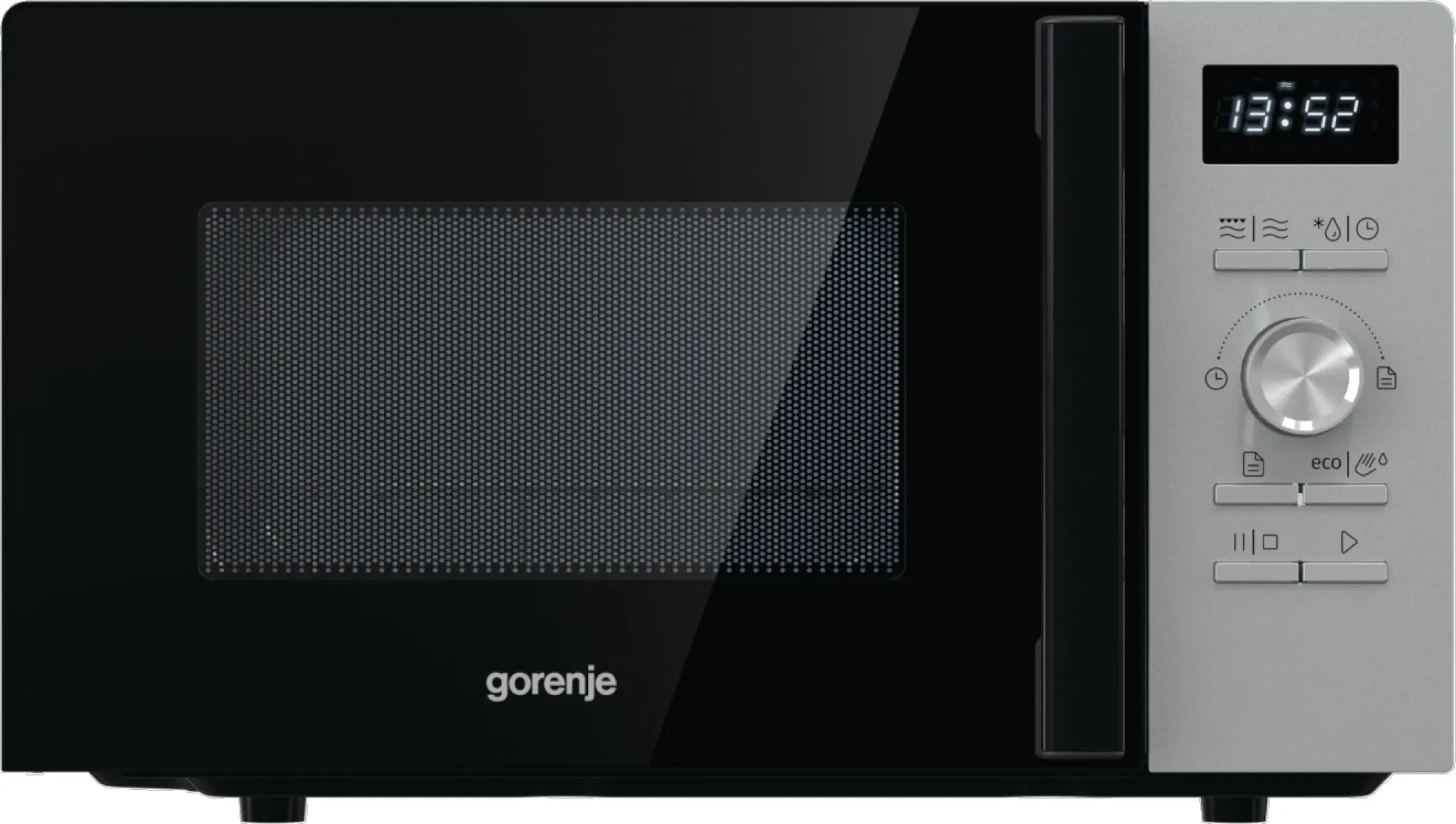 Микровълнова фурна Gorenje MO20A4XH, 20 литра, грил, черен/сив, (13728): Преден изглед на фурната