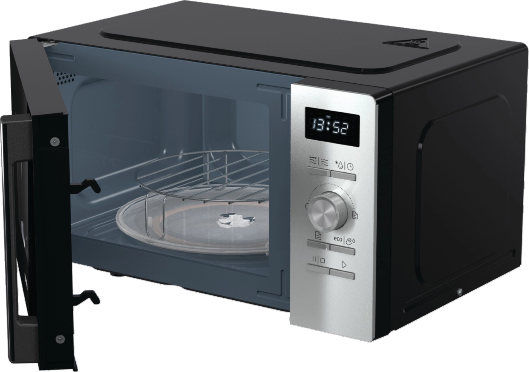 Микровълнова фурна Gorenje MO20A4XH, 20 литра, грил, черен/сив, (13728): Фурна с отворена врата